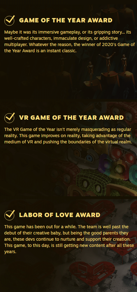 Game of the Year, VF Game of the Year, and Labor of Love