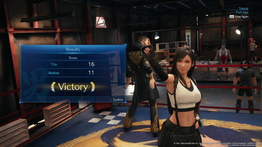 Final Fantasy VII Remake Minigame. Tifa wins a pull-up competition in one of the minigames.