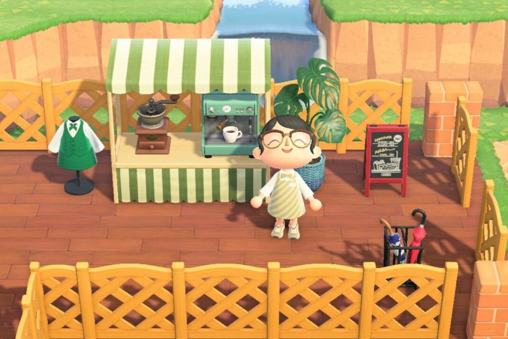 Animal Crossing New Horizons outdoor cafe with espresso machine