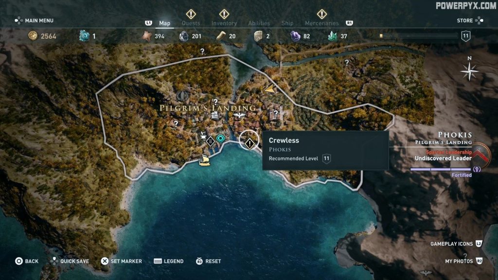 Assassin's Creed Odyssey Crewless side quest pilgrim's landing, phokos map