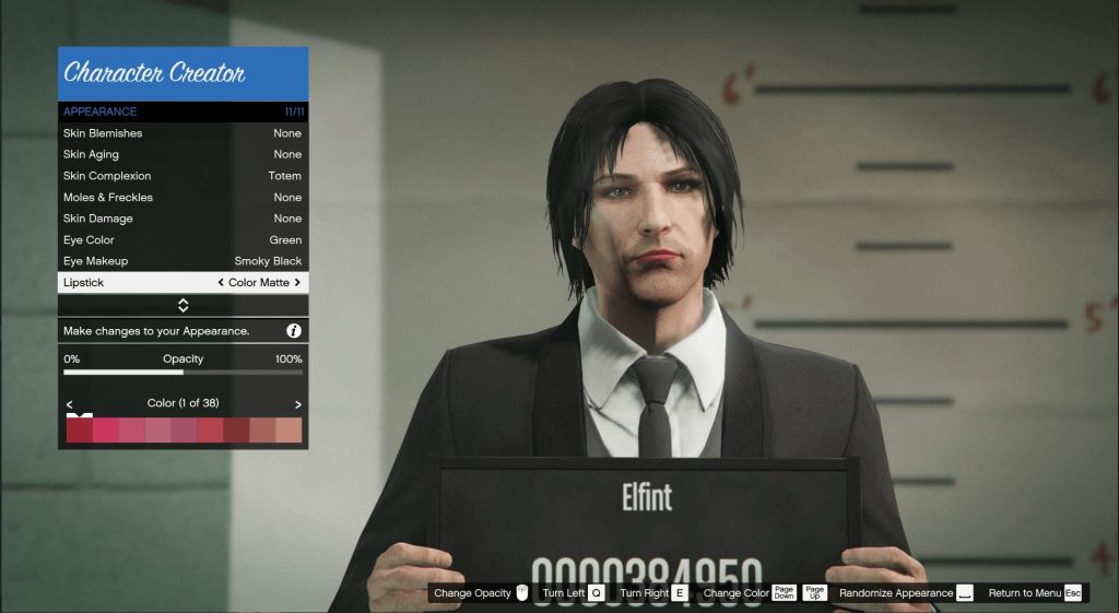 The Lipstick option in the GTA 5 character creator menu set to color 1 of 38.