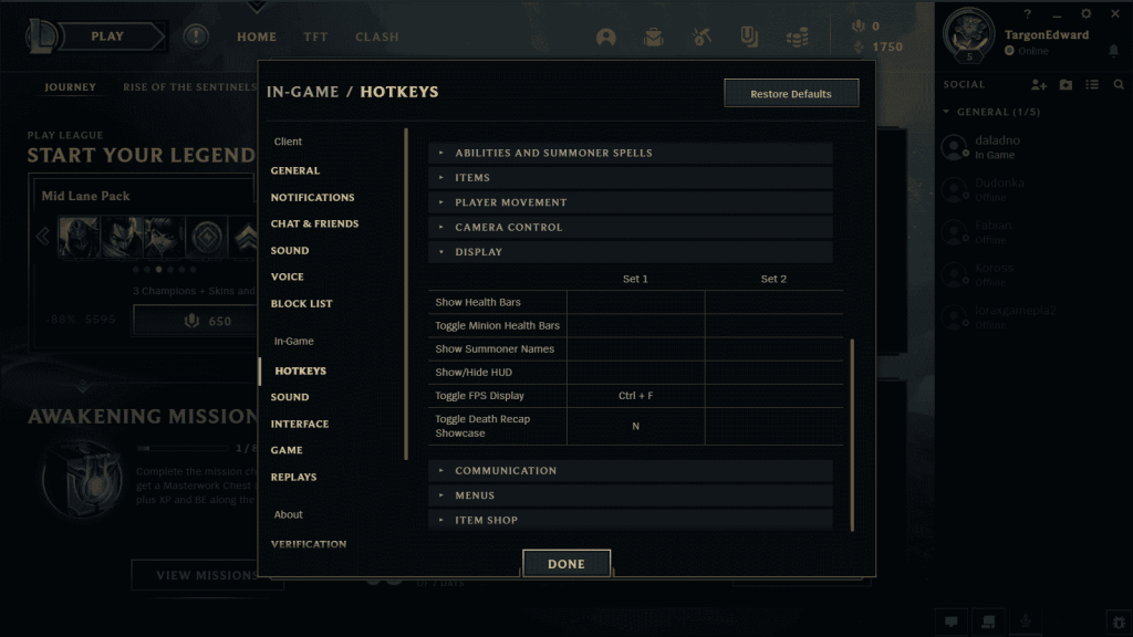 Changing the keybind in Hotkey Settings in League of Legends client.