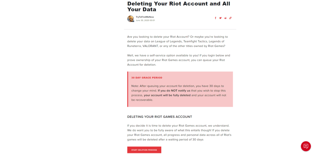 Riot Games account deletion self-service page