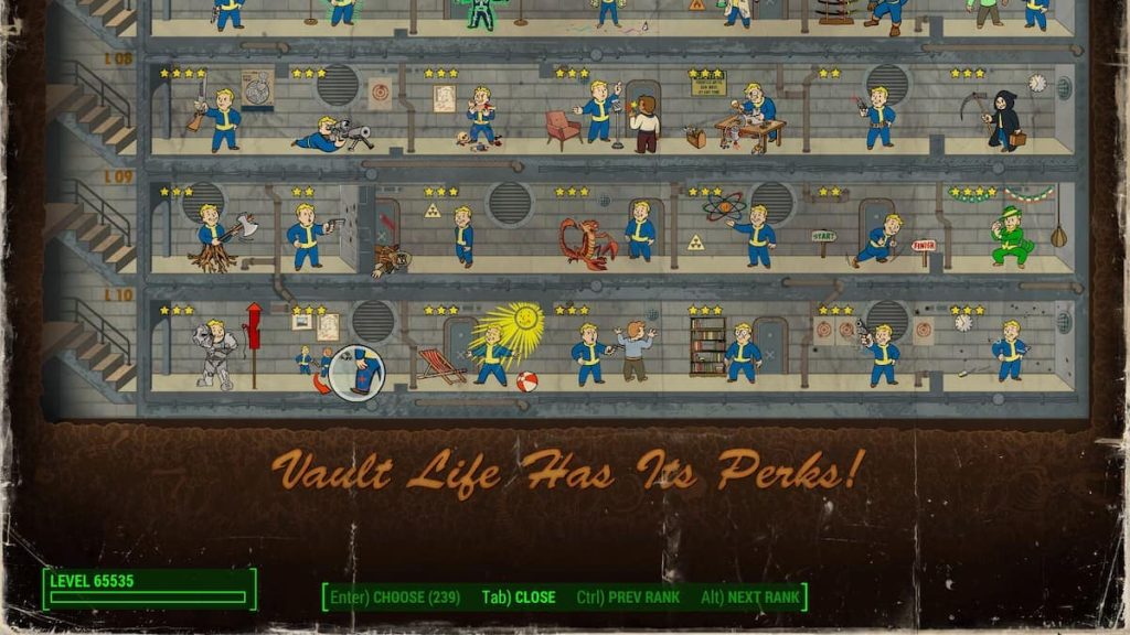 Screenshot of Fallout 4 Perks page with Max level of 65,535 and all perks unlocked