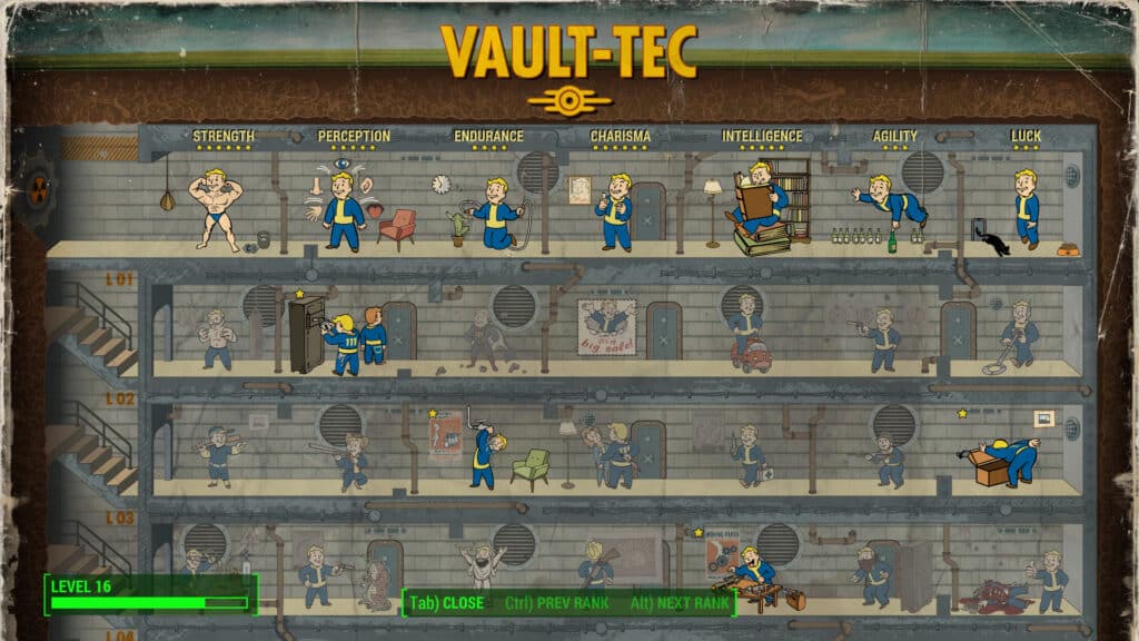 Level up menu in Fallout 4 with all of the stats and perks