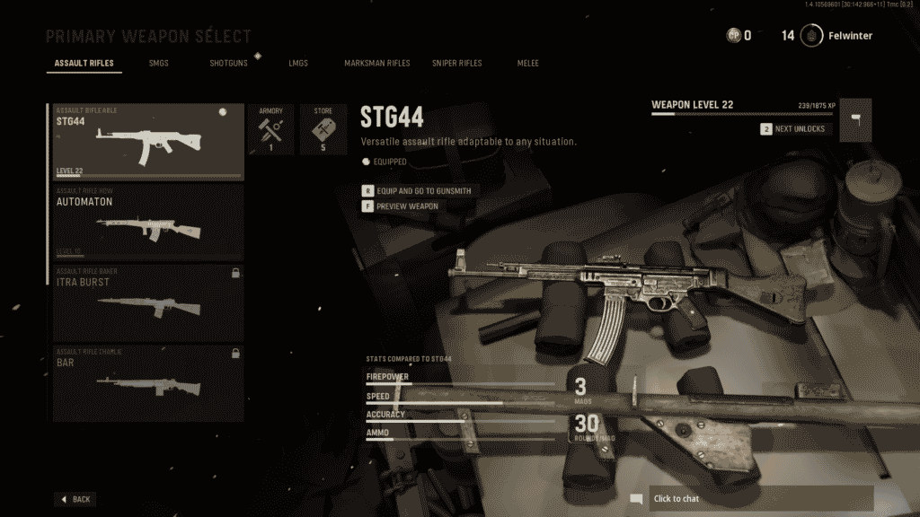 Weapon select menu with options to choose equip blueprints you own and take a look at all the blueprints available.