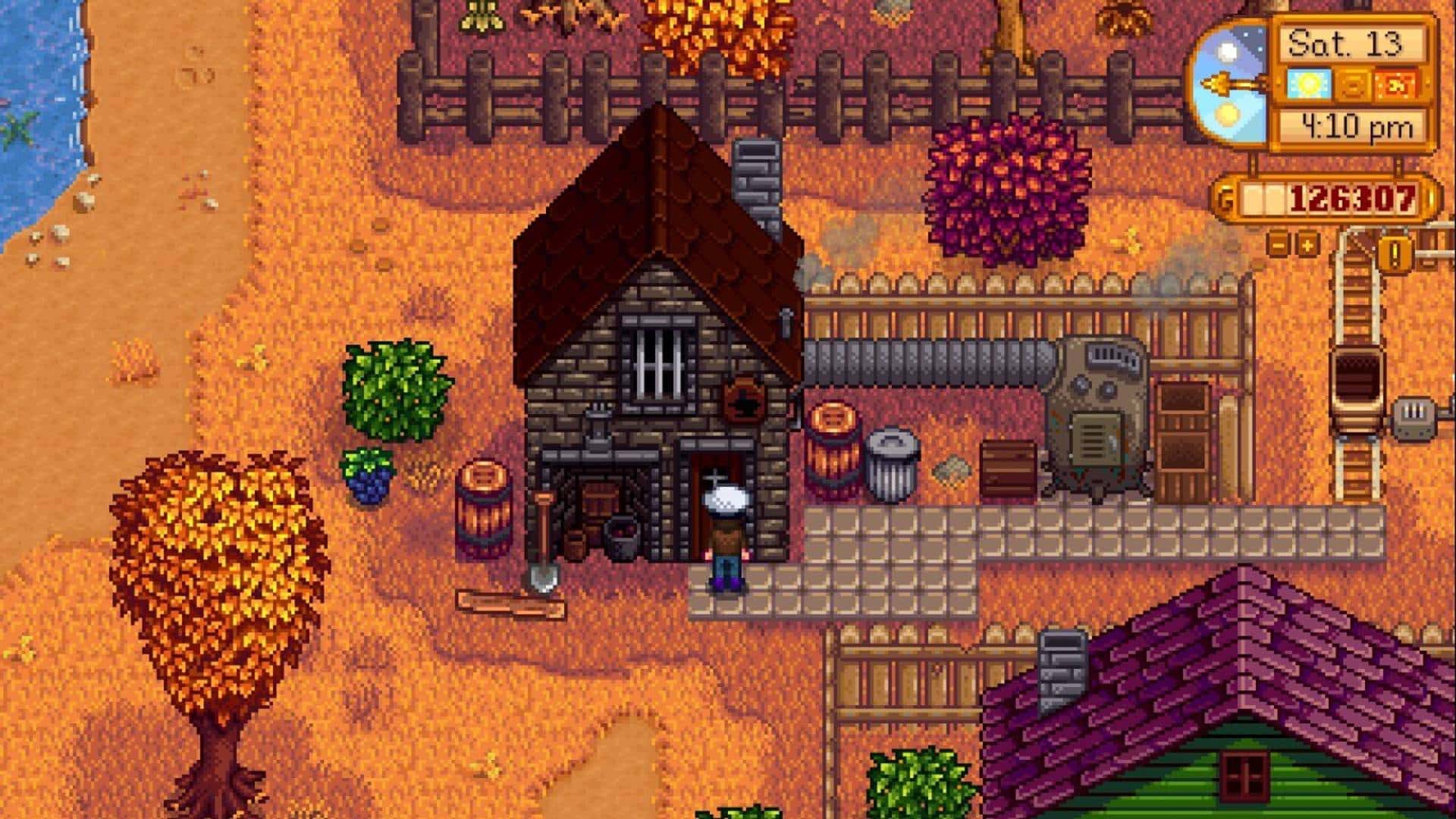 Outside of the Blacksmith in Stardew Valley