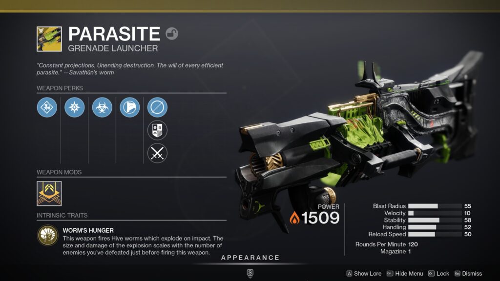 Destiny 2 Parasite grenade launcher