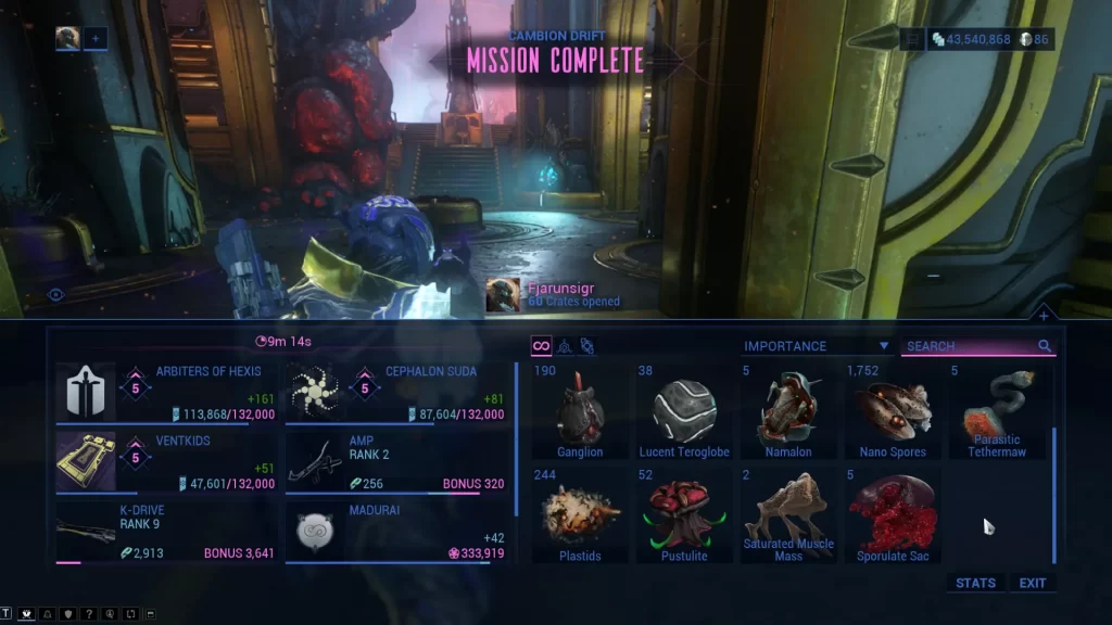 Farm Plastids in Warframeun results on open world cambion drift run