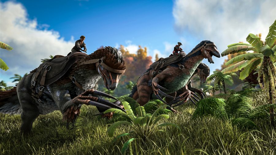 Two dinosaurs running together in ARK