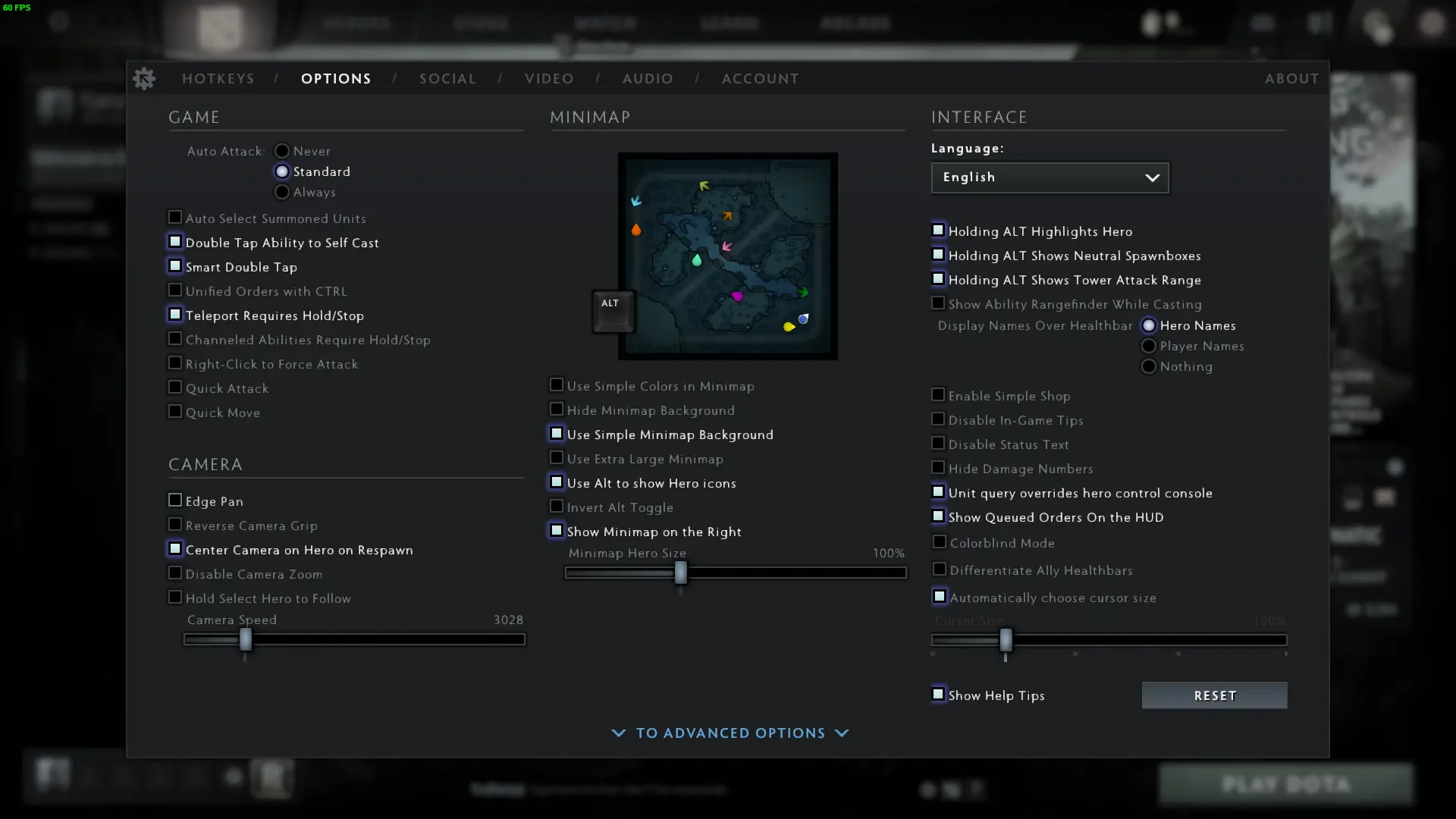Camera options in DOTA 2, including hold select hero to camera lock and edge pan settings