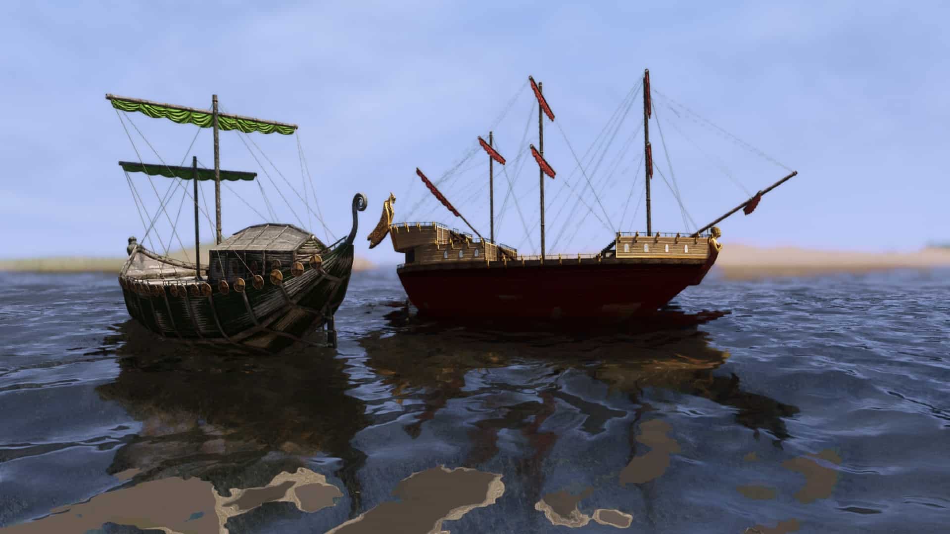 Image from the Skyrim mod Wanderer's Heart showing two pirate ships at sea.