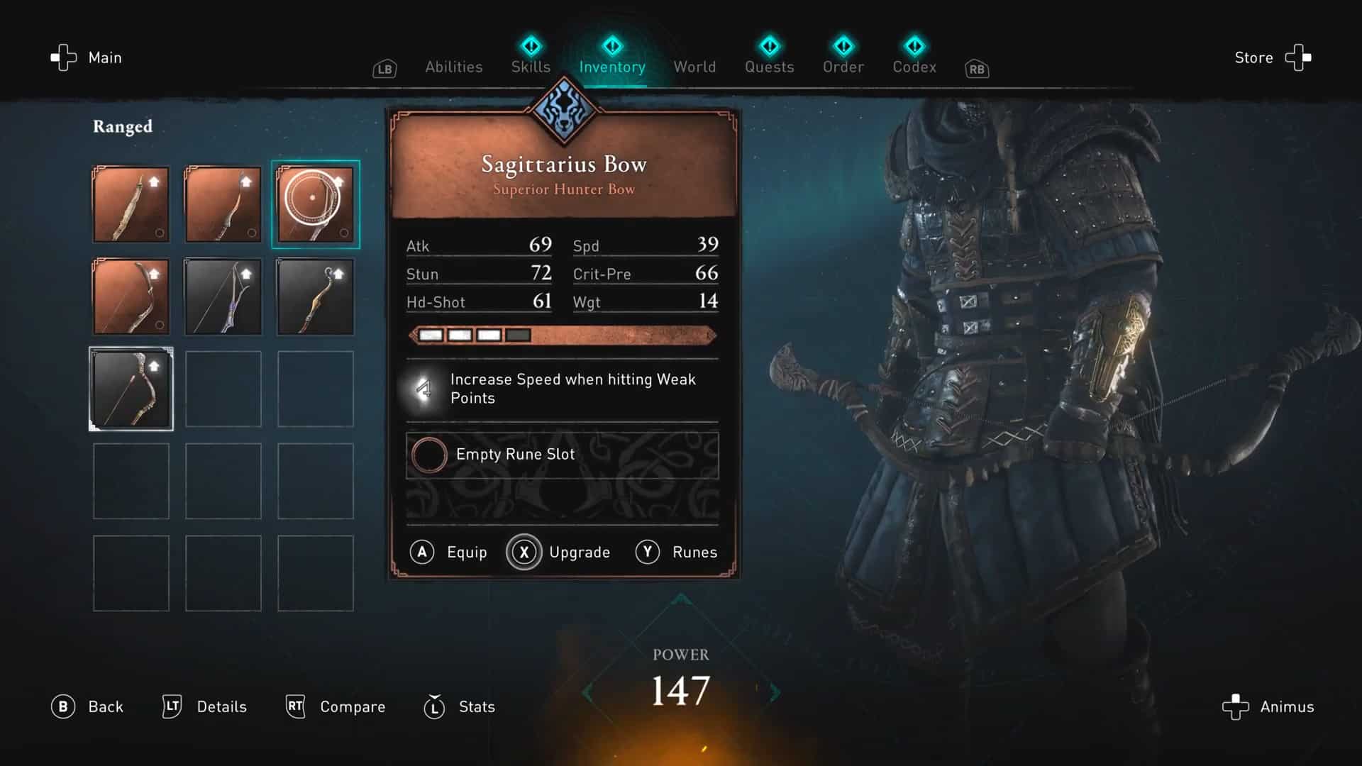 Contender for the best bow in Assassin's Creed Valhalla Statistics for Sagittarius Bow