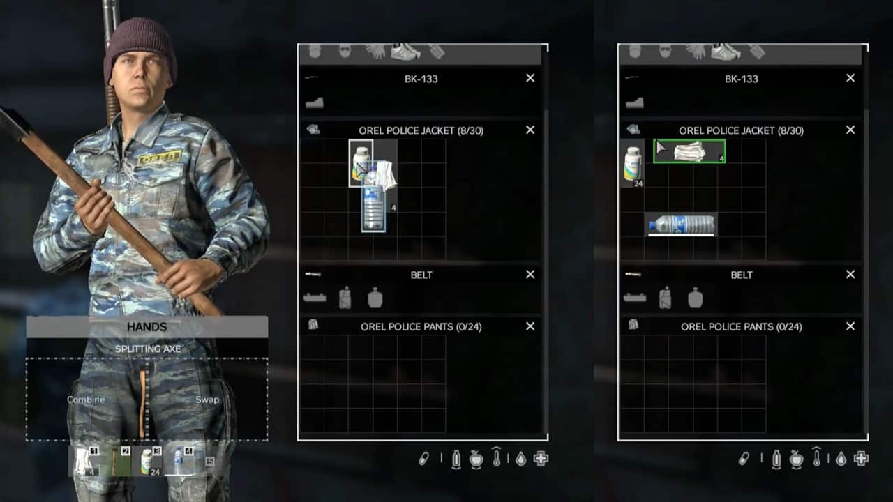 Screenshot of DayZ inventory showing you how much space rotated items can save