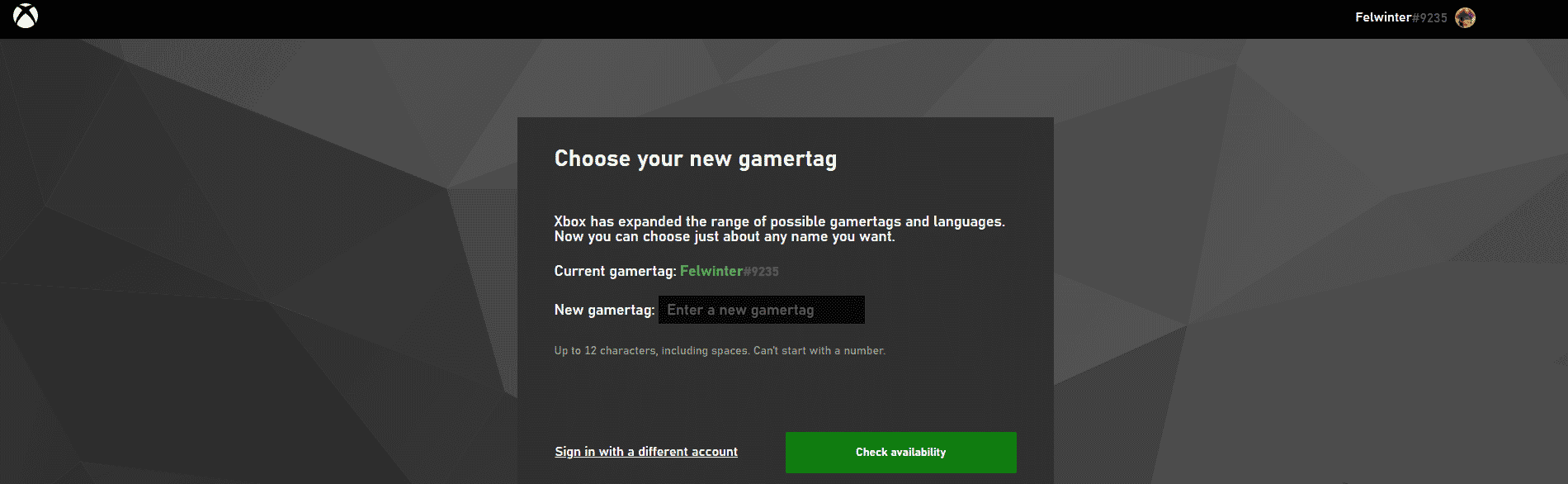 Changing your Xbox Gamertag on the dedicated website