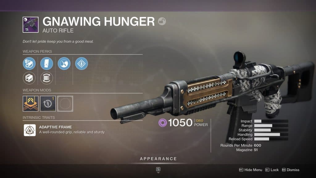 Gnawing Hunger not really a god roll but a showcase of a weapon