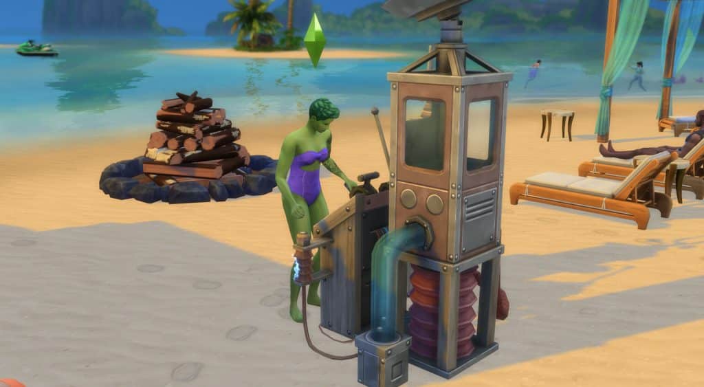 PlantSim using the weather machine on a beach.