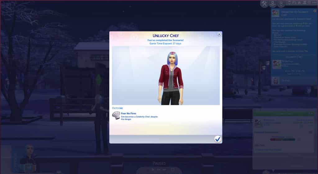 the sims 4 unlucky chef scenario completion pop up