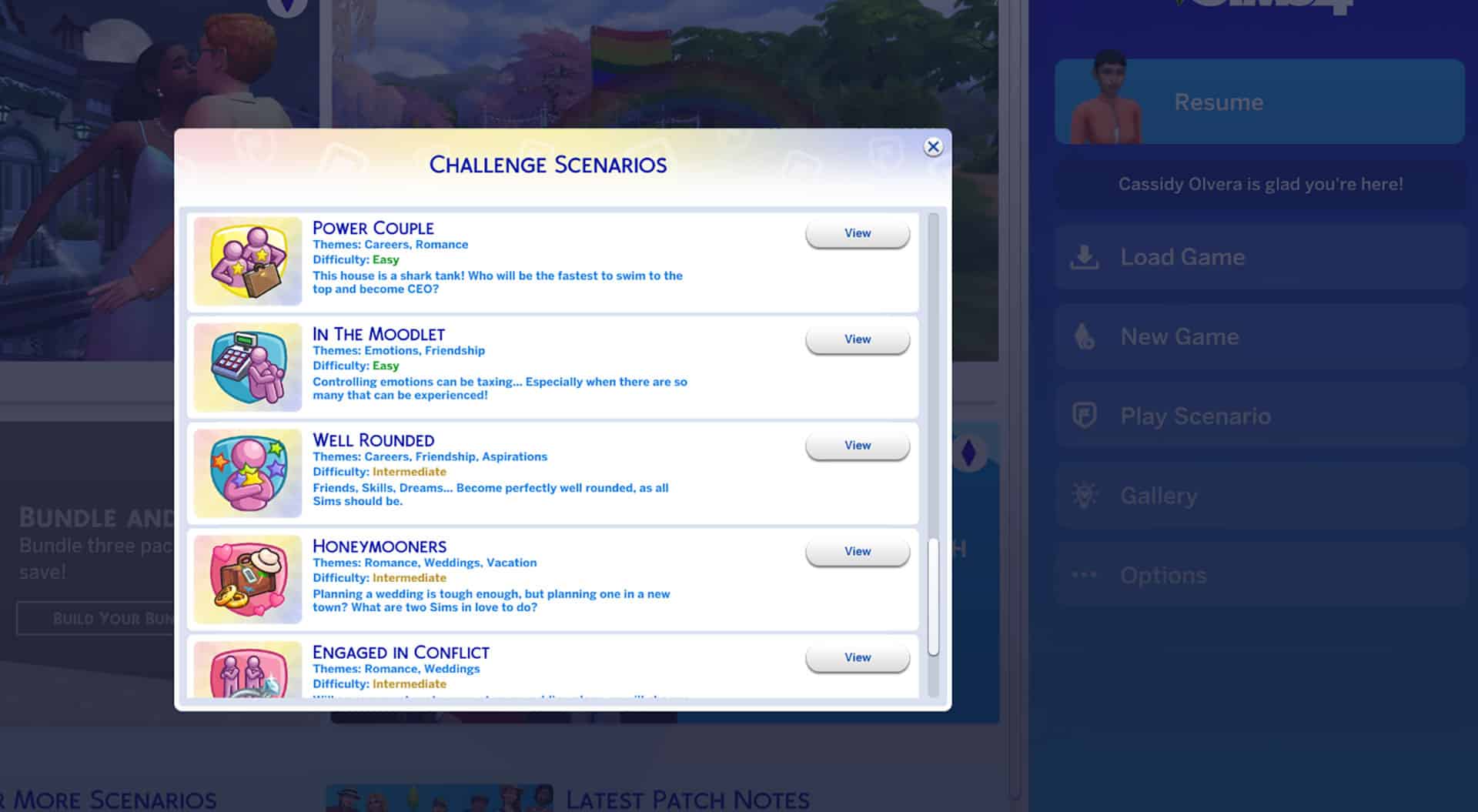 the sims 4 challenge scenario menu