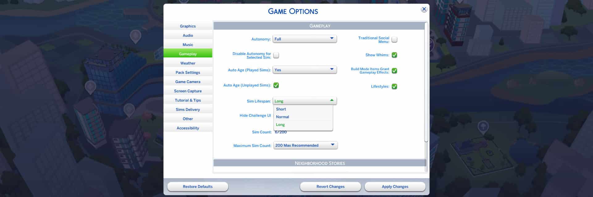 the sims 4 game options menu showing where lifespans are located