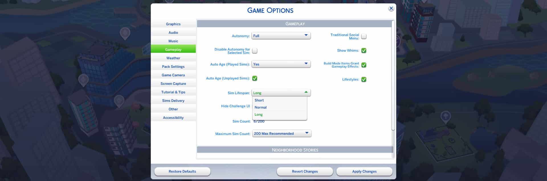 the sims 4 game options menu showing where lifespans are located