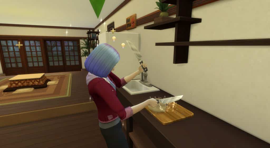An unlucky chef in The Sims 4. A Sim using two knives on a cutting board.
