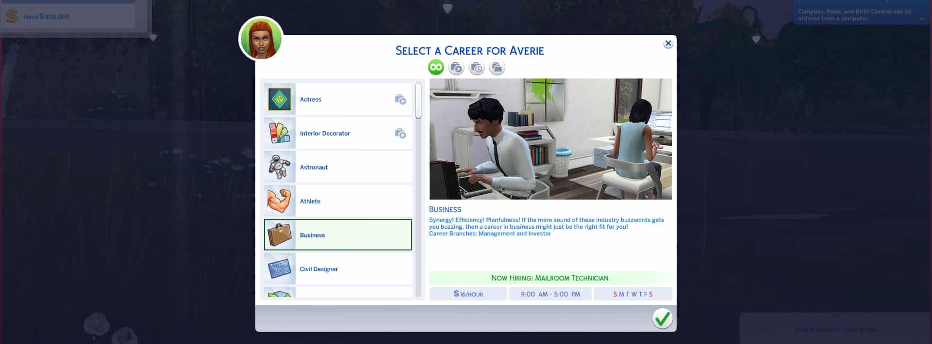 the sims 4 career pop up menu showing business profession pay and hours for the no skills no problem scenario
