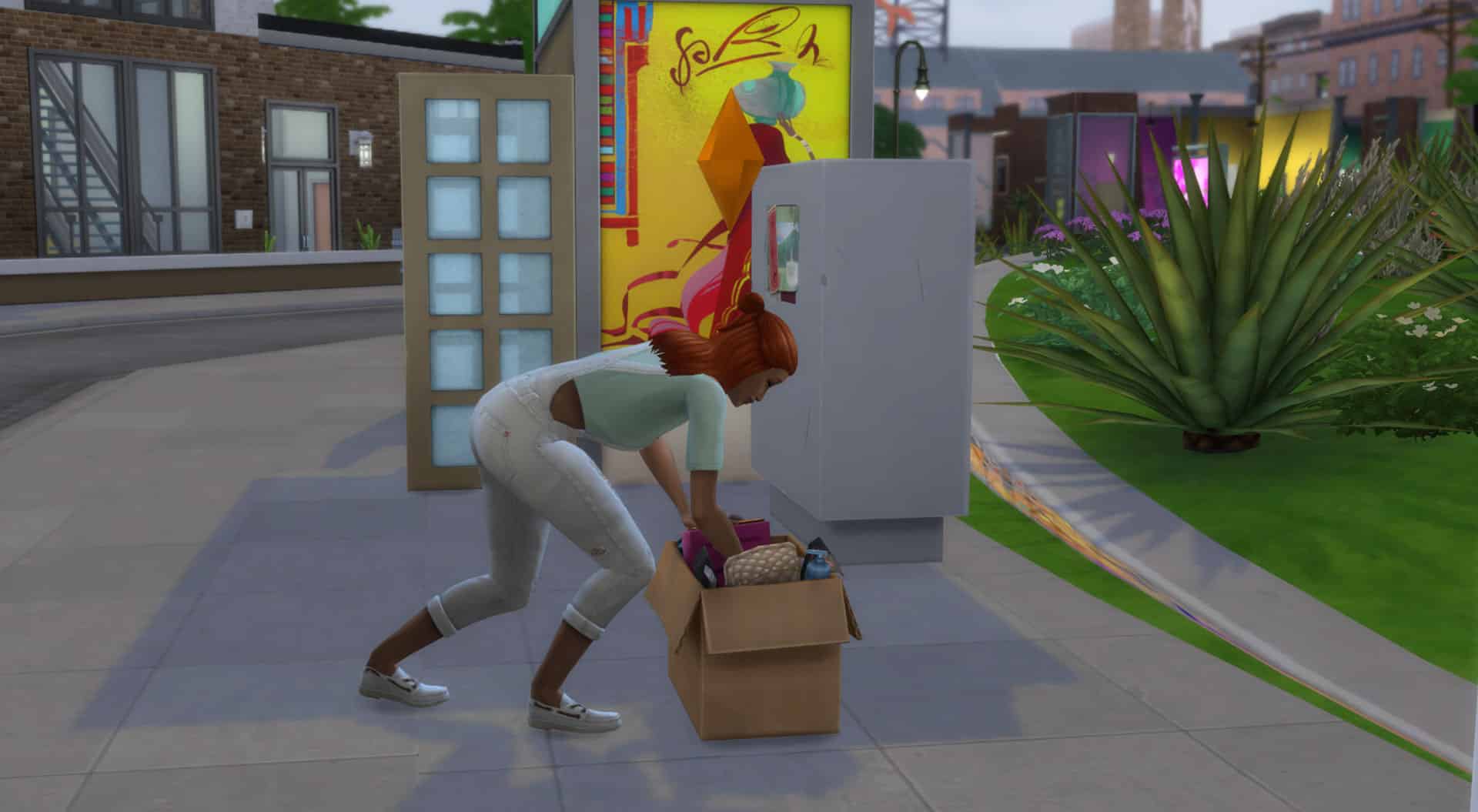 the sims 4 sim digging through box for snow globes to sell