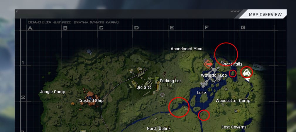 waterfall lab with veltecite locations circled in red
