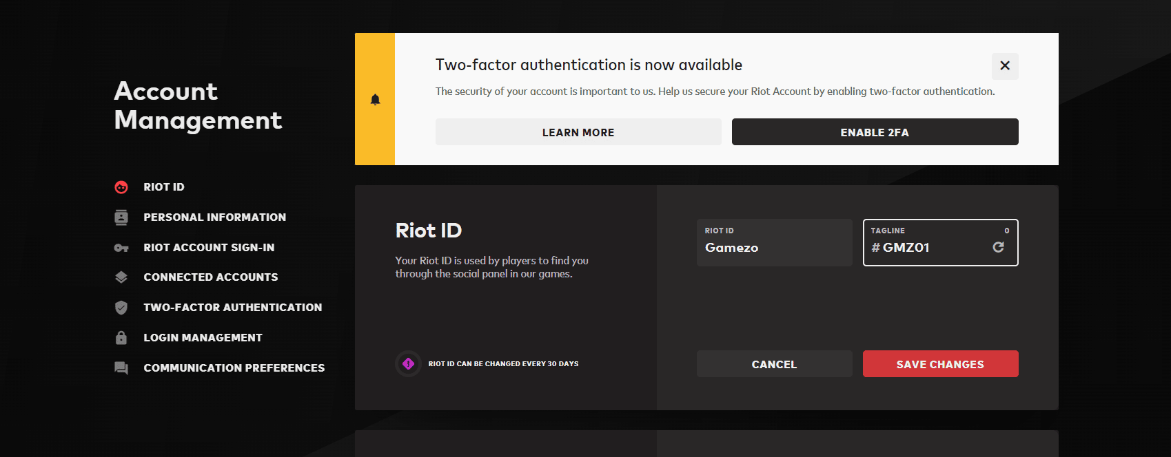 Riot Games Valorant Account Settings Page