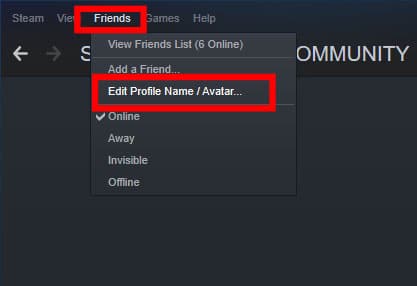 Steam "Edit Profile Name/Avatar" option location under friends tab highlighted in red.