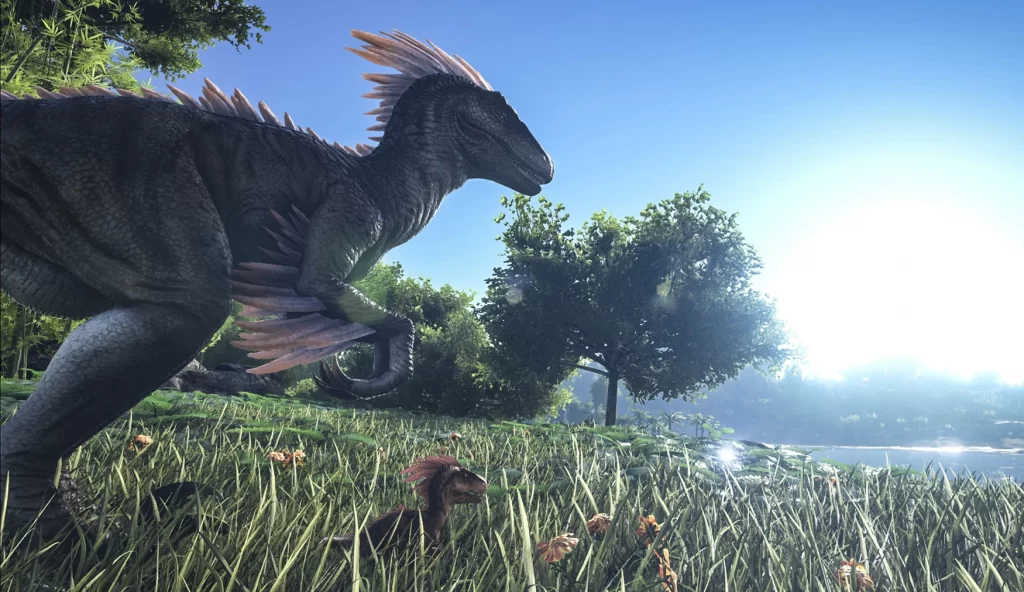 A raptor and baby raptors in Ark Survival Evolved