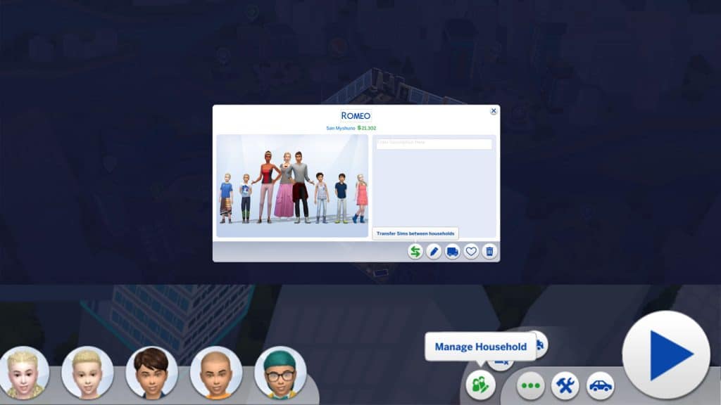 The Sims 4 manage household location on world map. Transfer sims between households pop up.