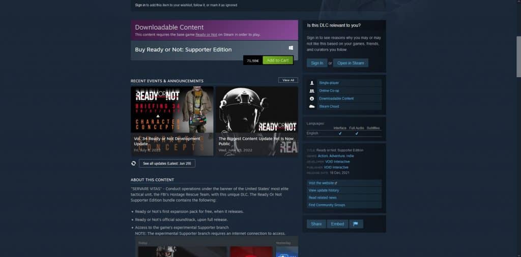 Ready or Not Supporter Edition on Steam that includes HRT uniform