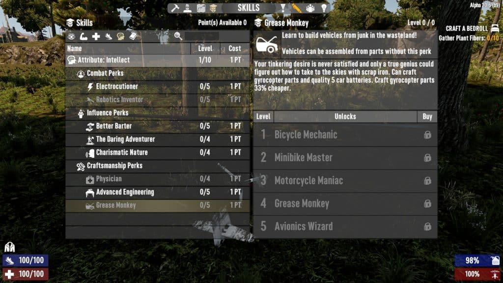 7 Days to Die intelligence tree showing the Grease Monkey perks.