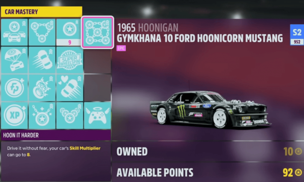 Perk tree of Hoonicorn Mustang 1965 in Forza Horizon 5 with a perks that gives you super wheelspins and chain perks