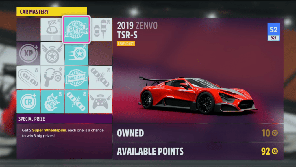 Perk tree of Zenvo TSR-S in Forza Horizon 5 with a perks that gives you two super wheelspins