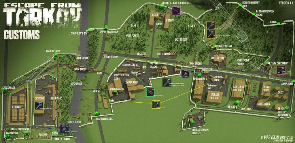 A community-made map of the Customs area in Escape from Tarkov