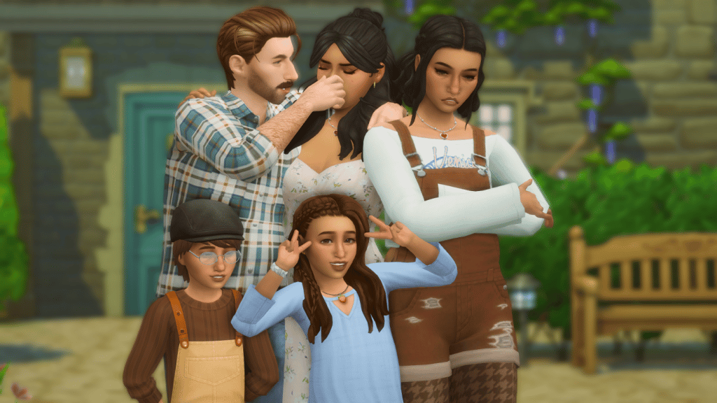 A family of Sims pose for a photo