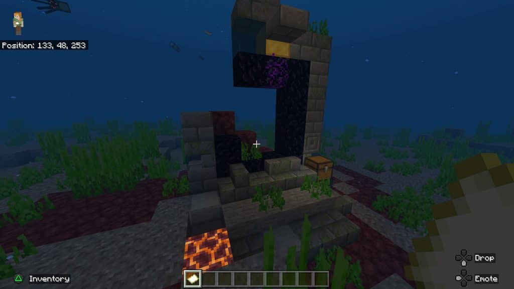 An underwater ruined portal in Minecraft