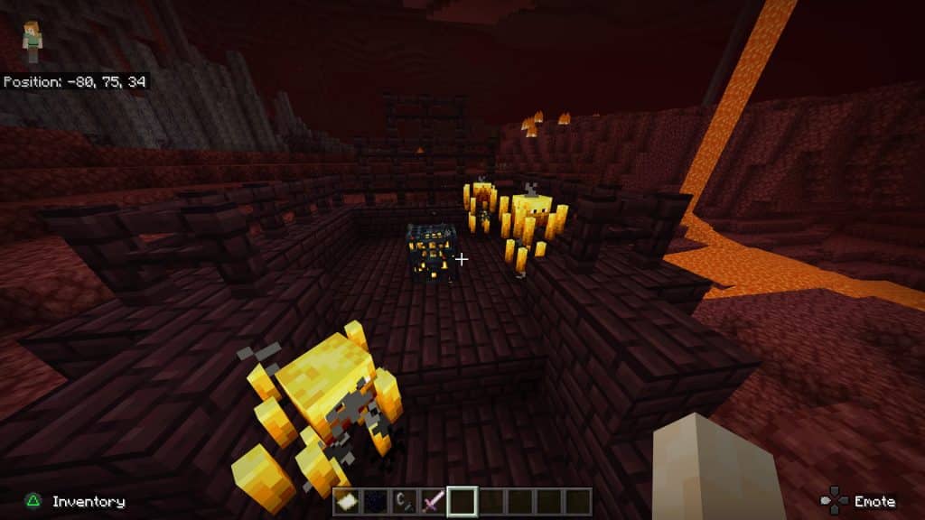 A Blaze spawner surrounded by Blazes in a Nether fortress
