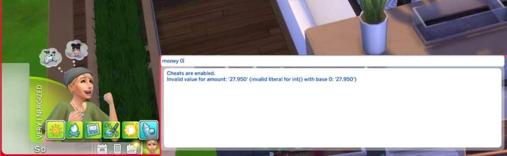 Remove money cheat in the sims 4 next to energized sim.