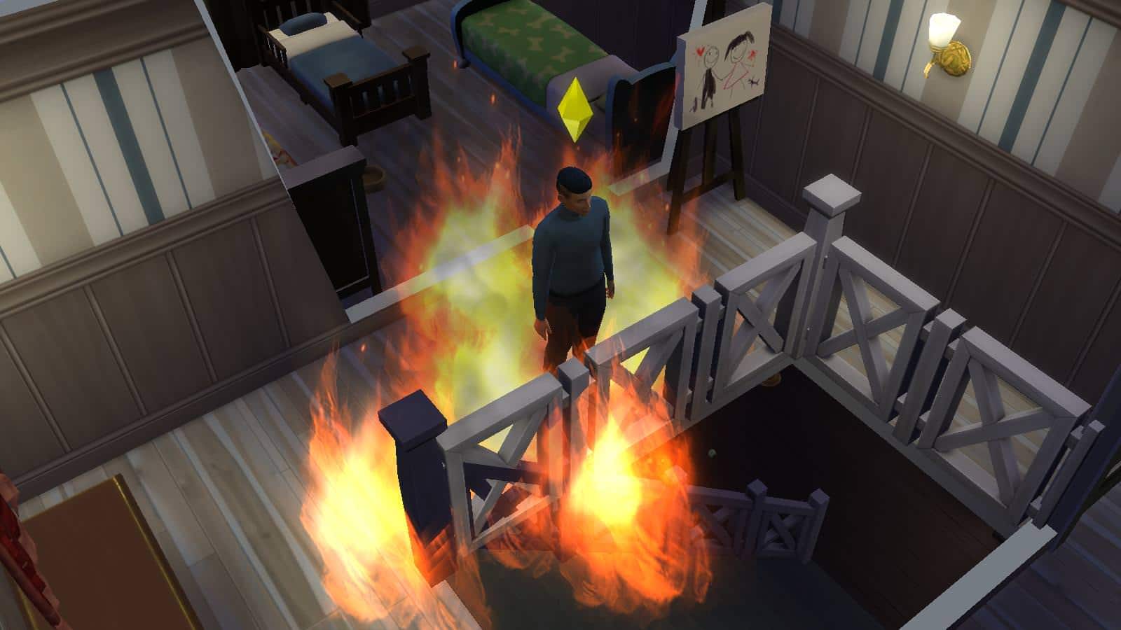 A Sim in his home, starting a fire.