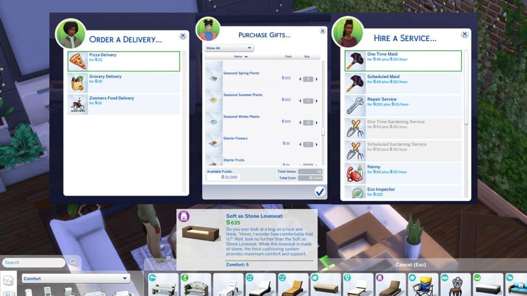 The Sims 4 delivery services, purchasable gifts, hirable services, and build mode furniture purchases.