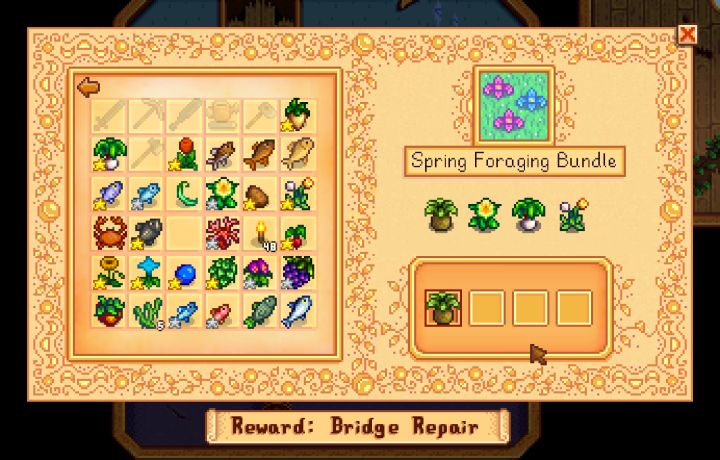 Selecting a bundle from the list brings up a menu showing what items are required and what reward is being offered in Stardew Valley.