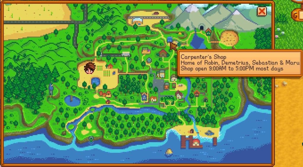 The image shows the location of the Carpentry shop to help guide the player to the mine entrance just northeast of it.