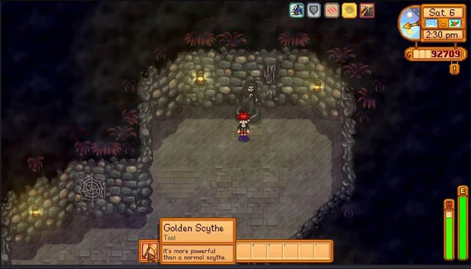 Picture of the death statue at the end of the mines holding the golden scythe in Stardew Valley.