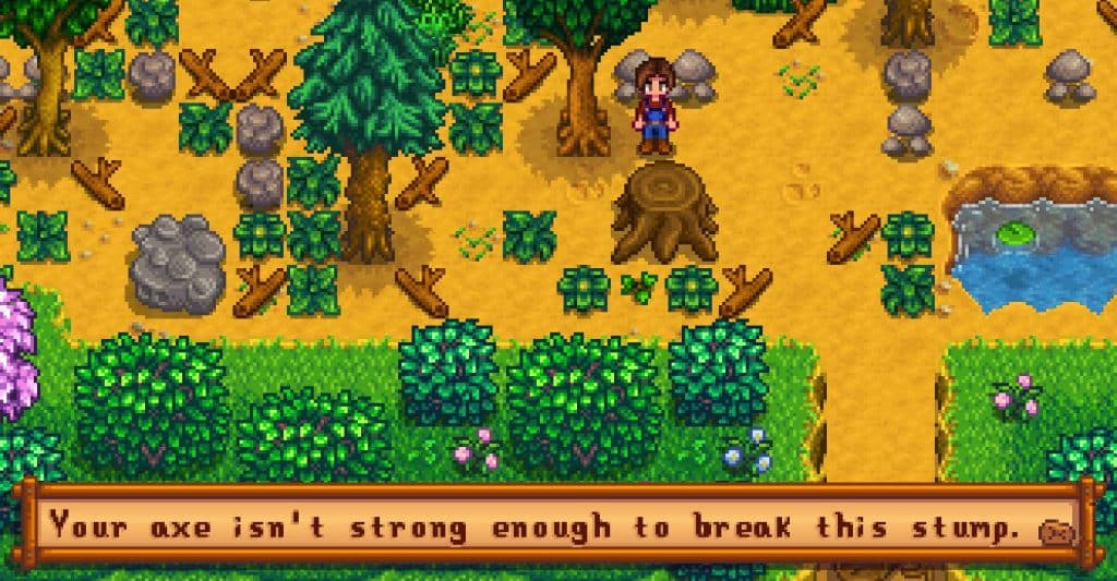 The image shows a large stump in Stardew Valley that can only be chopped by an upgraded axe.