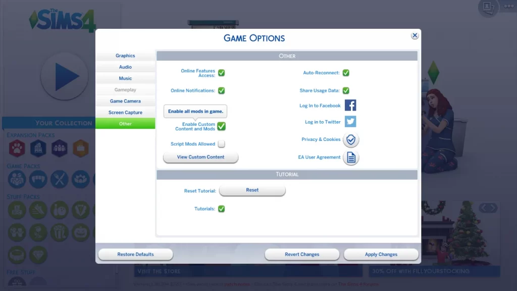 The options menu that configures mod content in The Sims 4