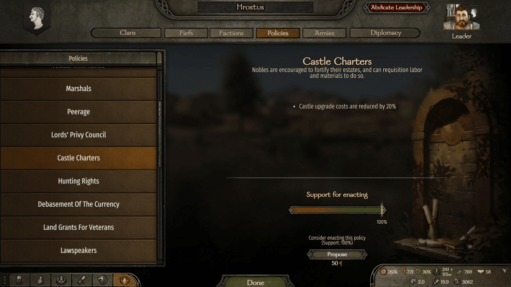 Castle Charters Policy in Bannerlord